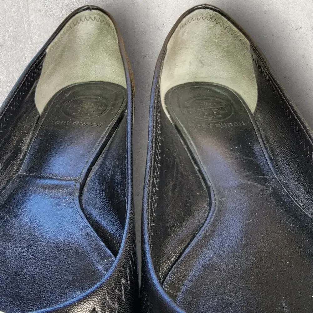 Tory Burch Womens Black Leather Ballet Flats Shoes 5.5 Slip On Gold Logo Travel